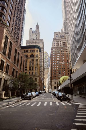 Téléchargez les photos : NEW YORK, États-Unis - 26 NOVEMBRE 2022 : Voitures stationnées sur l'avenue près des bâtiments et des arbres à feuillage automnal dans la ville de New York, scène automnale - en image libre de droit