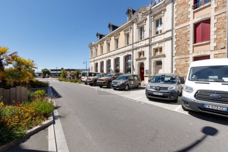 Photo for Les Sables d Olonnes, France - July 10, 2020: Army cars on Vigipirate mission parked in the city center on a summer day - Royalty Free Image