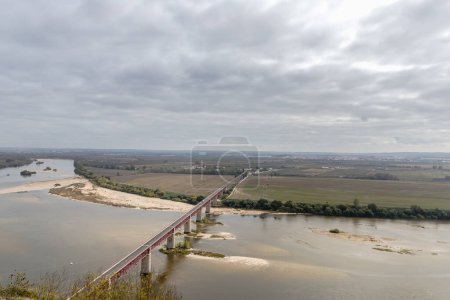 Aerial view of the Tagus River in the Portuguese countryside near Santarem, Portugal on an autumn day