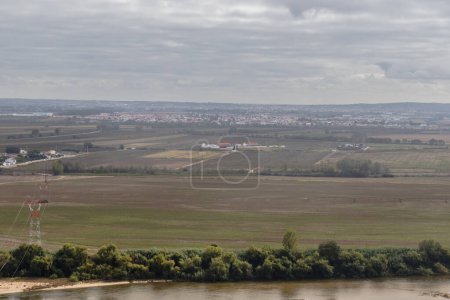 Aerial view of the Tagus River in the Portuguese countryside near Santarem, Portugal on an autumn day