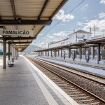 Vila Nova de Famalicao, Braga, Portugal - October 22, 2020: exterior architectural detail and its platforms of the Famalicao railway station on an autumn day