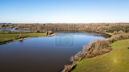 Lac du Jaunay aerial view by drone at Chapelle-Hermier, France on a sunny winter day