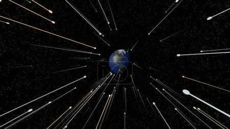 Blue and yellow meteors are hitting the earth (3D Rendering)