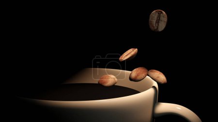 Foto de Luz manchada en la caída de la semilla de café en una montura de taza blanca (3D Rendering) - Imagen libre de derechos