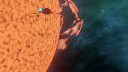 Foto de Una nave espacial está volando a través de una llamarada solar con nebulosa verde azul en el fondo (3D Rendering) - Imagen libre de derechos