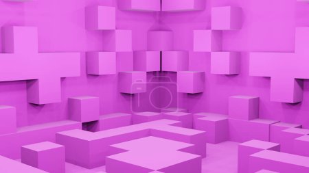 Foto de Caja rosa aleatoria está extruyendo de la pared rosa (3D Rendering) - Imagen libre de derechos