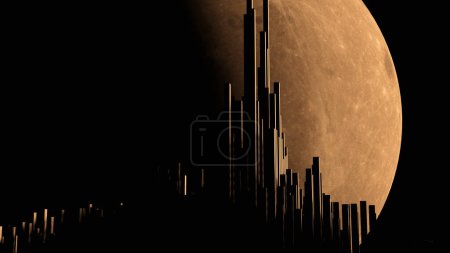 Foto de City silhouette with moon crest in background (3D Rendering) - Imagen libre de derechos