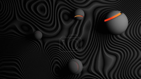 Foto de Bola de rayas anaranjadas en suelo de hendidura ondulada blanca negra (representación 3D) - Imagen libre de derechos
