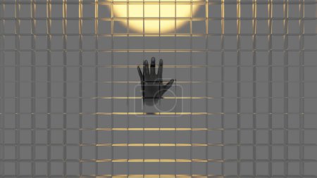 Téléchargez les photos : Une silhouette à la main avec paroi en herbe cubique transparente avec coucher de soleil mer en arrière-plan (rendu 3D) - en image libre de droit
