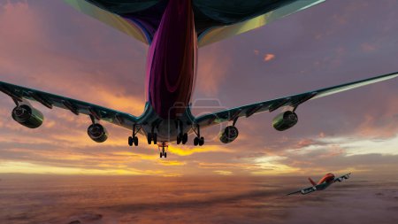 Foto de Un avión está volando en forma opuesta a nuestro vuelo con el crepúsculo mar y cielo en el fondo (3D Rendering) - Imagen libre de derechos