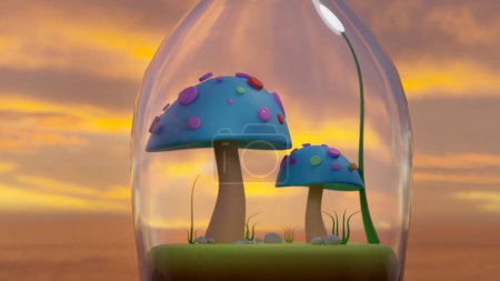 Mini champignon coloré dans une bouteille en verre avec coucher de soleil mer en arrière-plan (rendu 3D)