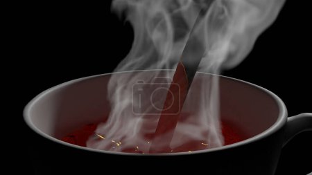 Photo for Brown tea stream (and its white steam) is poring to a white porcelain cup (3D Rendering) - Royalty Free Image