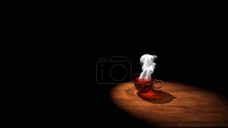 Foto de Luz manchada una taza de té transparente con su vapor caliente en una mesa de madera (3D Rendering) - Imagen libre de derechos
