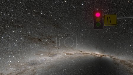 Photo for Glow red traffic light on a road with beautiful galaxy night sky in background (3D Rendering) - Royalty Free Image