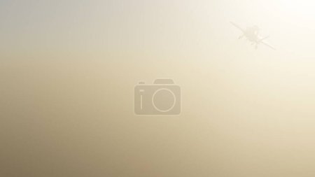 A jet fighter silhouette is flying in a foggy sky (3D Rendering)