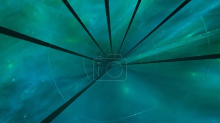 Portal de vidrio en nebulosa verde azul (representación 3D)