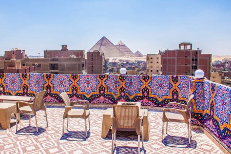 Roof Restaurant Pyramids View, with Abstarct Ramadan Khiamia texture, traditioanl and folklorean islamic decorative and artistic designs, shots taken in Cairo Egypt on 17 June 2019