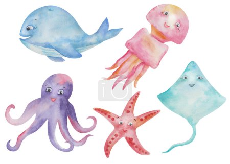 Watercolor illustration of hand painted cartoon characters octopus, whale, star fish, jellyfish, ray skate with face and smile colorful as candies. Sea wildlife. Isolated childish clip art elements