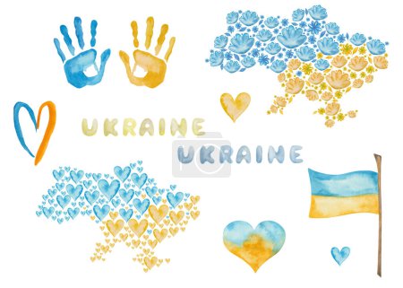 Aquarell-Illustration einer handgemalten Landkarte der Ukraine, Flagge, Blumen, Herzen, Handabdrücke in blau und gelb, handgeschriebenes Wort. Farben der ukrainischen Flagge. Vereinzelte Clip-Art für das Plakat zum Unabhängigkeitstag