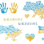 Watercolor illustration of hand painted map of Ukraine, flag, flowers, hearts, hand prints in blue and yellow, handwritten word. Colors of Ukrainian flag. Isolated clip art for Independence day poster