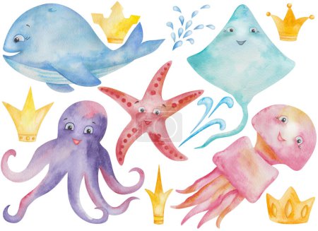Watercolor illustration of hand painted cartoon characters octopus, whale, star fish, jellyfish, ray skate with face and smile colorful as candies, crowns. Isolated sea childish clip art elements