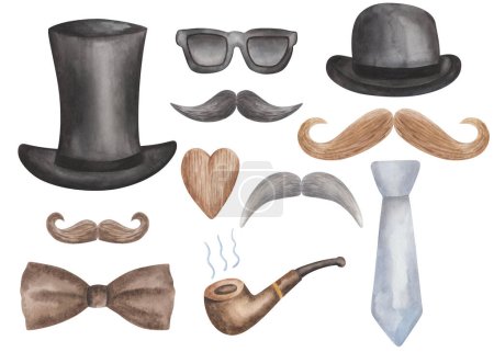 Watercolor illustration of hand painted long gentleman hat, bowler, moustaches, smoking pipe, glasses, bow tie and wooden heart. Isolated on white design clip art for fabric textile clothes, packaging