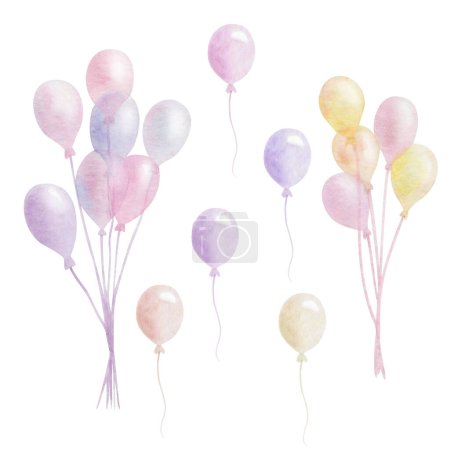 Watercolor illustration of hand painted helium air balloons of bright colors blue, purple, pink, yellow isolated on white. Clip art set of elements for children birthday postcards, wedding invitation