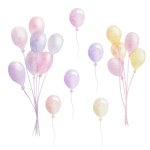 Watercolor illustration of hand painted helium air balloons of bright colors blue, purple, pink, yellow isolated on white. Clip art set of elements for children birthday postcards, wedding invitation