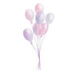 Watercolor illustration of hand painted helium air balloons in pastel pink, blue, purple colors. Isolated on white clip art for children birthday postcards, wedding invitation, nursery posters