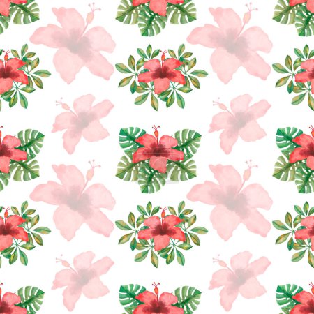Photo for Watercolor seamless pattern from hand painted illustration of red tropical hibiscus chinese rose flower, green monstera, schefflera leaf. Print on white background for fabric textile, wallpaper, card - Royalty Free Image