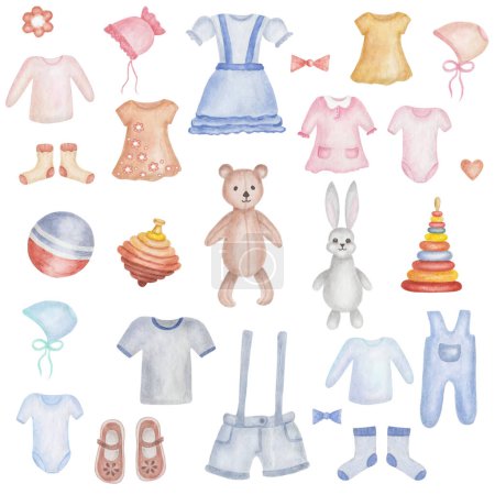 Photo for Watercolor illustration of hand painted baby clothes dress, shorts, shirts, bonnet, hat, shoes and toys bear, hare, ball, pyramid. Isolated clip art for shop posters, packaging paper, design cards - Royalty Free Image