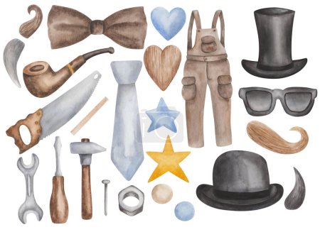 Watercolor illustration of hand painted man tools: saw, hammer, nail, screw driver, turn screw, overall. Gentleman long hat, bowler, moustaches, smoking pipe, sunglasses, bow tie. Isolated clip art