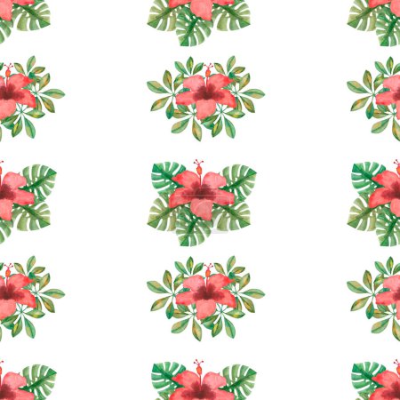 Photo for Watercolor seamless pattern from hand painted illustration of red tropical hibiscus chinese rose flower, green monstera, schefflera leaf. Print on white background for fabric textile, wallpaper, card - Royalty Free Image