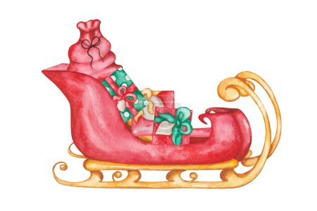 Téléchargez les photos : Illustration aquarelle de traîneau rouge et doré peint à la main rempli de boîtes-cadeaux. Traîneau du Père Noël avec des cadeaux. Traîneau pour rennes. Clip art isolé pour impression Nouvel An, carte postale de Noël - en image libre de droit