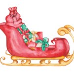 Watercolor illustration of hand painted red and golden sledge full of gift boxes. Santa Claus sleigh with presents. Sled for reindeers. Isolated clip art for New Year print, Christmas postcard