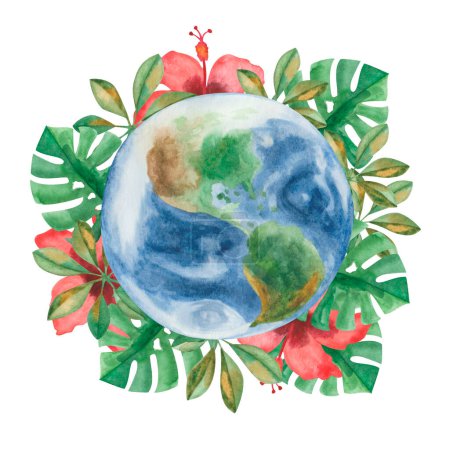 Photo for Watercolor illustration of hand painted planet Earth with red tropical hibiscus rose flower, green monstera and schefflera leaves. Blue oceans, seas, mountains, continents. Earth Day banner, poster - Royalty Free Image