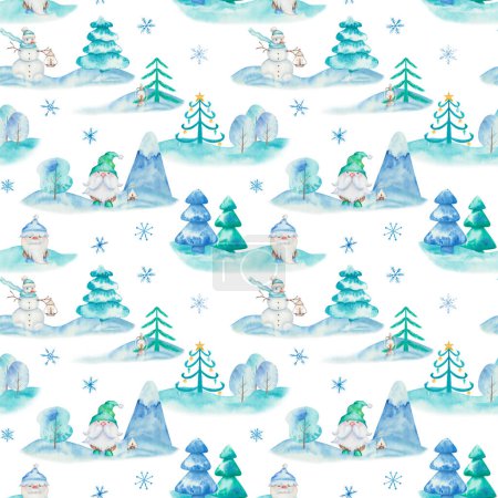 Photo for Watercolor seamless pattern. Hand painted illustrations of dwarfs, snowman, gnomes. Winter fir tree, snowflakes, snowbanks. Print on white background for New Year, Christmas textile, packaging, cards - Royalty Free Image