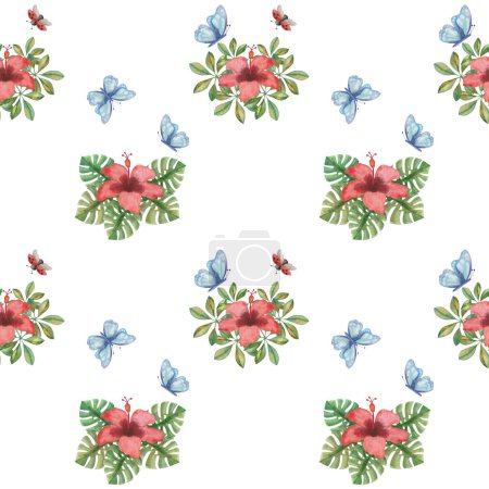 Photo for Watercolor seamless pattern from hand painted illustration of red tropical hibiscus flower, green monstera, schefflera leaf with blue butterfly, lady bug. Print on white background for fabric textile - Royalty Free Image