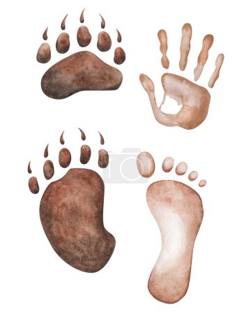 Watercolor illustration. Hand painted brown handprint and footprint of people: man, woman, child. Bear paw, footprint with claws. World Animal Day. Isolated clip art of human and animal friendship
