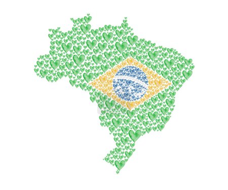 Watercolor illustration. Hand painted map of Brazil in green, yellow, blue colors. Brazilain national flag. Government concept of patriotism. Independence day of Brazil. Poster, banner