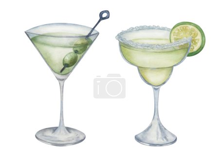 Watercolor illustration. Hand painted green cocktails in glasses. Dry martini with olives. Margarita with slice of lime and salt. Dirty martini. Isolated alcohol drinks for restaurant, cafe menus