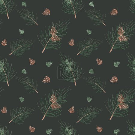Photo for Watercolor seamless pattern. Hand painted illustration of fir tree branch, pine, spruce with brown and green cones. Coniferous forest nature. Print on green background for fabric textile, packaging - Royalty Free Image