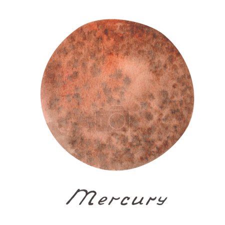 Watercolor illustration. Hand painted brown, orange planet Mercury. Space and outer space. Extraterrestrial object of Solar system. World Space Week. Isolated clip art for banners, posters