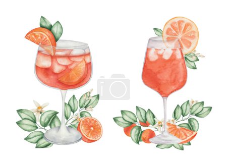 Watercolor illustration. Hand painted orange cocktails in glass with slice of orange fruit, green leaves, flowers, ice. Aperol spritz in goblet. Alcohol beverage drink. Isolated clip art for menu