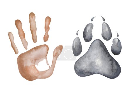 Photo for Watercolor illustration. Hand painted brown handprint of man palm and grey paw print of wolf with claws. Footprint of dog. World Animal Day. Human and animal friendship. Isolated clip art for banners - Royalty Free Image