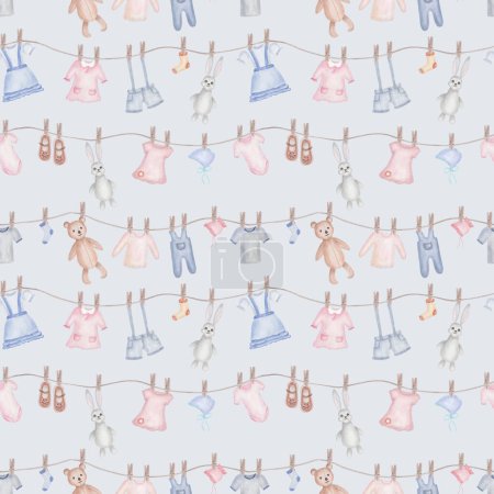 Photo for Watercolor seamless pattern. Hand painted illustration of teddy bear, bunny hare. Washed boys and girls clothes: dress, shorts, t-shirt, crawlers, bonnet. Print on blue background for children textile - Royalty Free Image