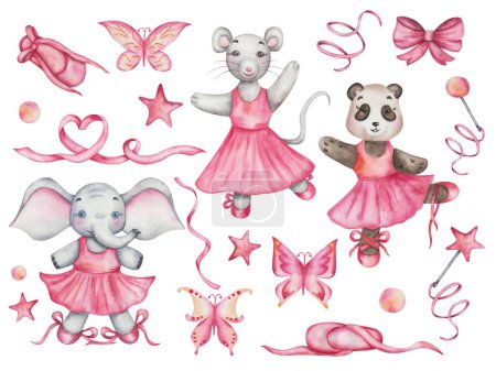 Foto de Conjunto de ilustraciones en acuarela. Ratón gris pintado a mano, oso panda, elefante. Chicas en estudio de danza en vestidos rosas, zapatos de ballet. Personajes de animales de dibujos animados. Pinza aislada para pegatinas, póster - Imagen libre de derechos