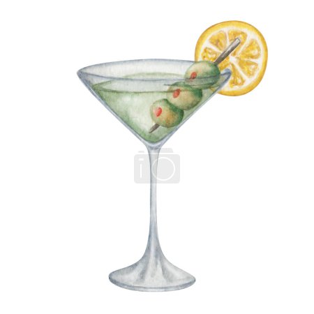 Aquarell-Illustration. Handbemalte trockene Martini im Martini-Glas mit grünen Oliven und Zitronenscheiben. Schmutziger Martini. Grüner Cocktail. Alkoholgetränk. Isolierte Clip-Art für Menüs, Banner