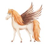 Watercolor illustration. Hand painted beige pegasus horse with brown wings and yellow, golden tail and mane. Mare, stallion, foal. Cartoon mythological animal. Isolated clip art for posters, patterns