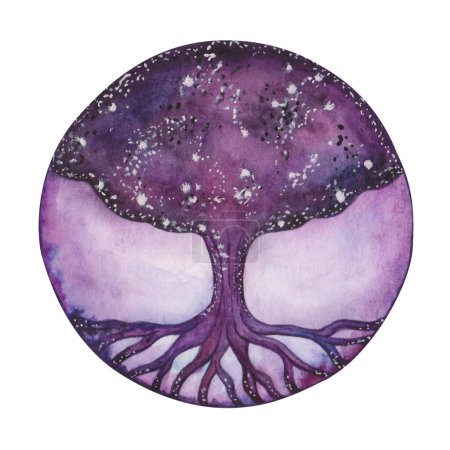 Watercolor illustration. Hand painted sacred tree of life in circle with crown, trunk and roots in purple, blue, black, violet colors. Space colors of starry night. Isolated nature clip art for banner